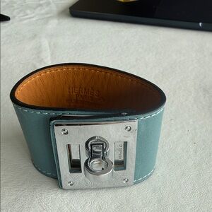 Hermes Teal Leather Cuff Bracelet